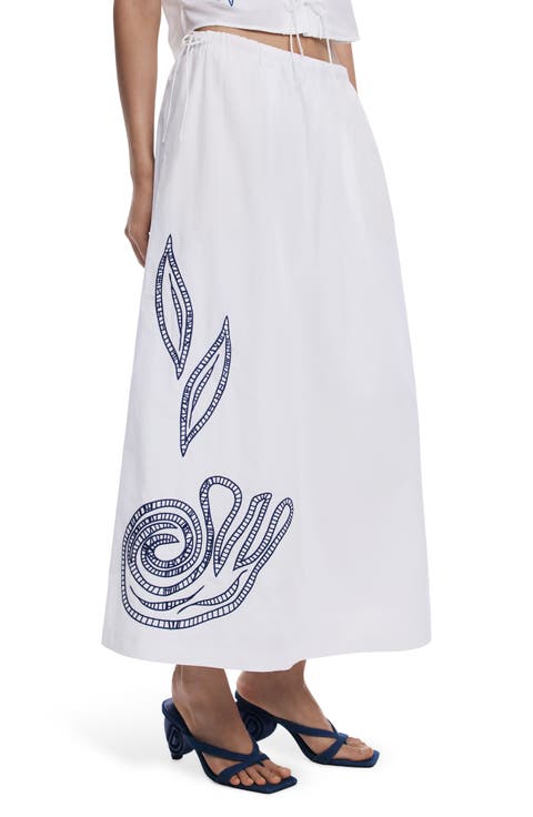 Embroidered Drawstring Cotton Maxi Skirt