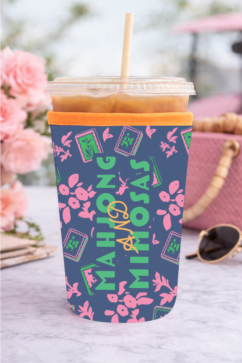 Mahjong Iced Drink Sleeve, Alternate, color, Navy Mahjong Floral Print