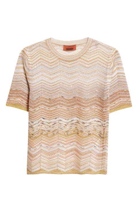 Zigzag Metallic Sequin Short Sleeve Crewneck Sweater