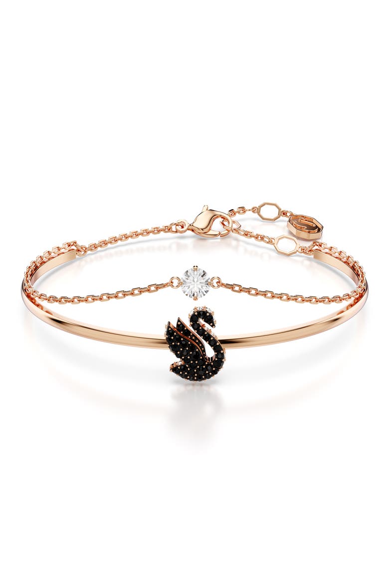 Crystal Swan Charm Bangle Bracelet, Main, color, BLACK/ ROSE GOLD