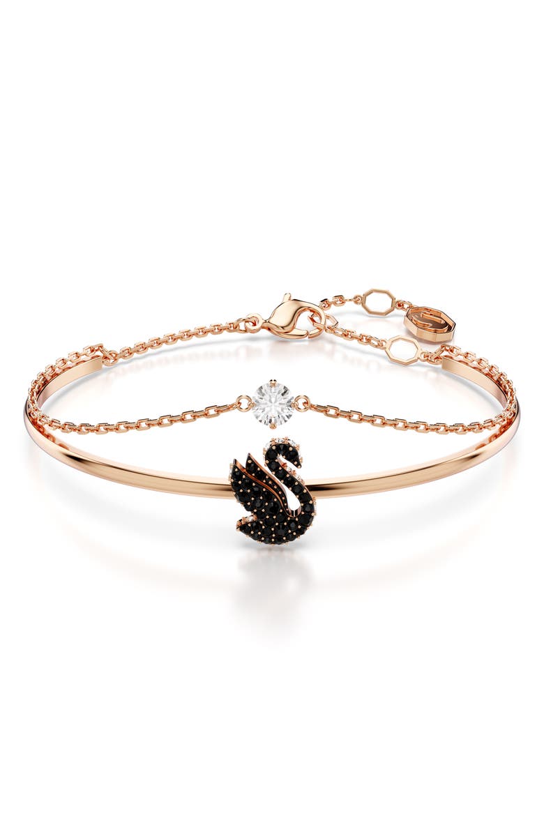 Swarovski Crystal Swan Charm Bangle Bracelet, Main, color, Black/ Rose Gold