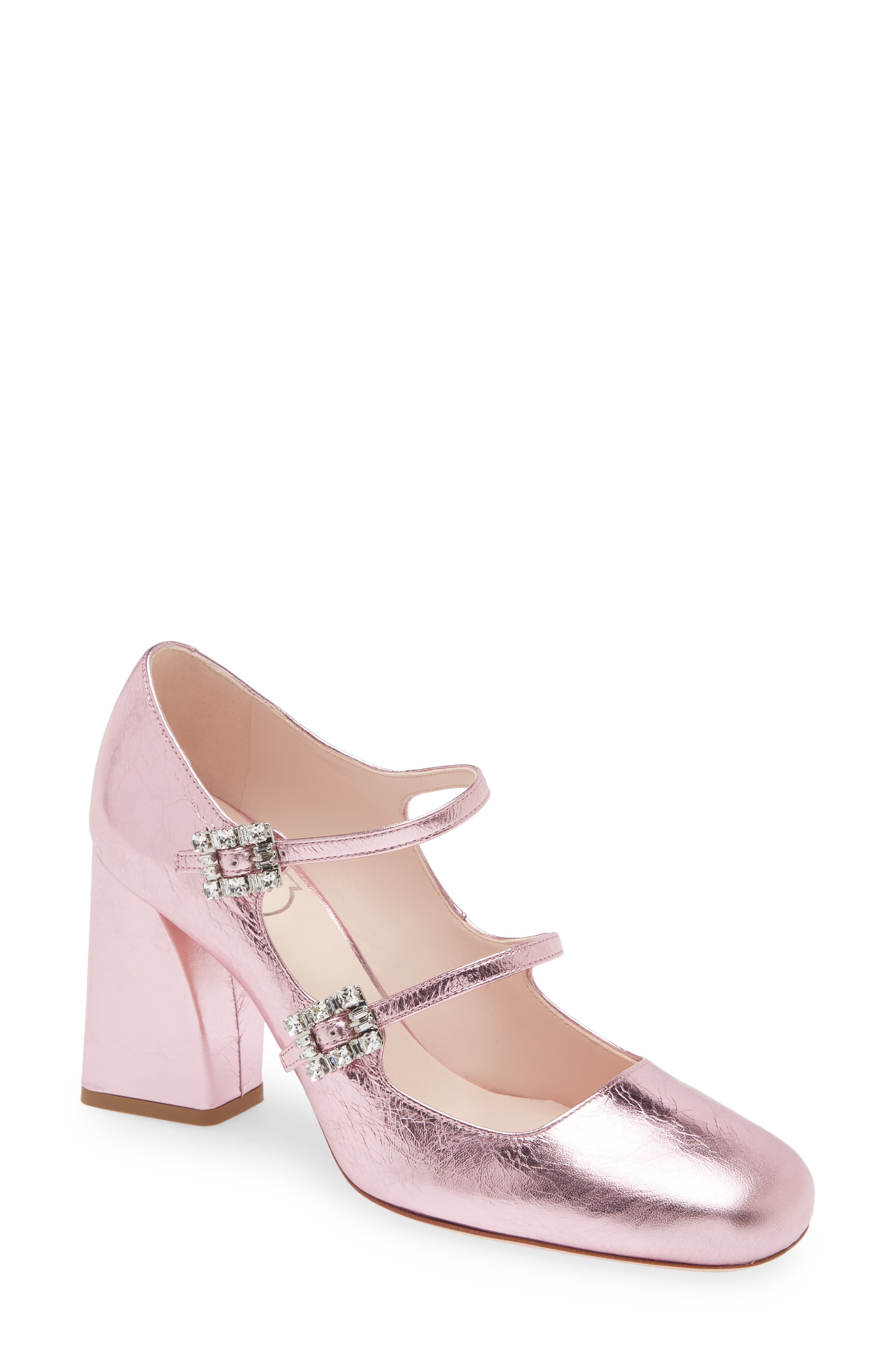 Trés Vivier Babies Crystal Buckle Mary Jane Pump, Main, color, METALLIC PINK
