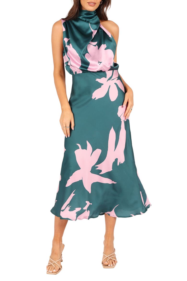 Anabelle Mock Neck Satin Midi Dress, Main, color, GREEN PINK