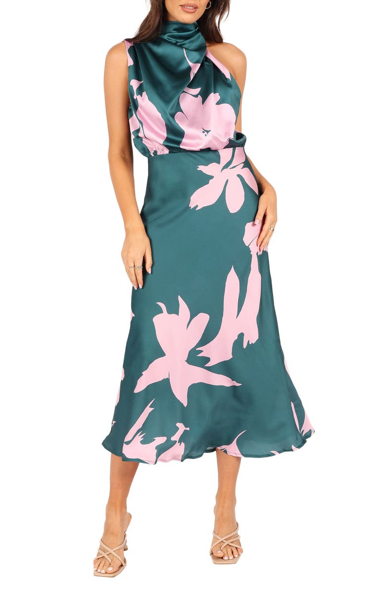 Petal & Pup Anabelle Mock Neck Satin Midi Dress, Main, color, Green Pink
