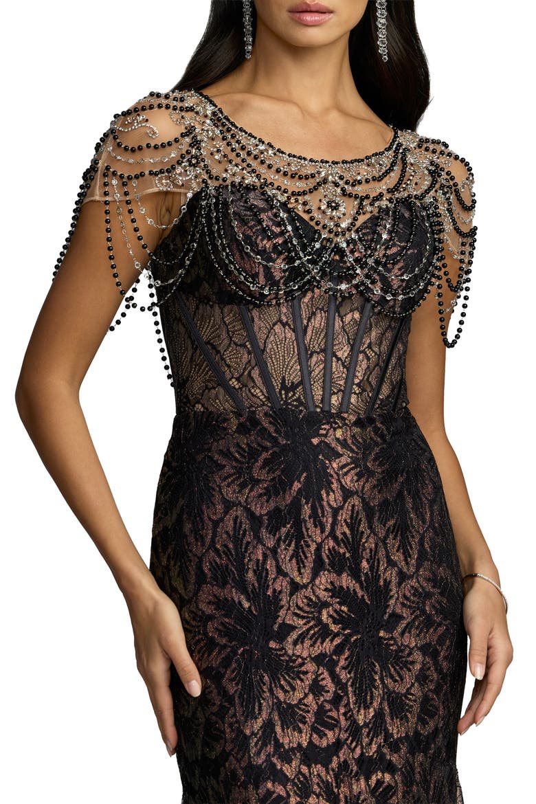Lace Corset Gown With Draped Beading, Alternate, color, Black
