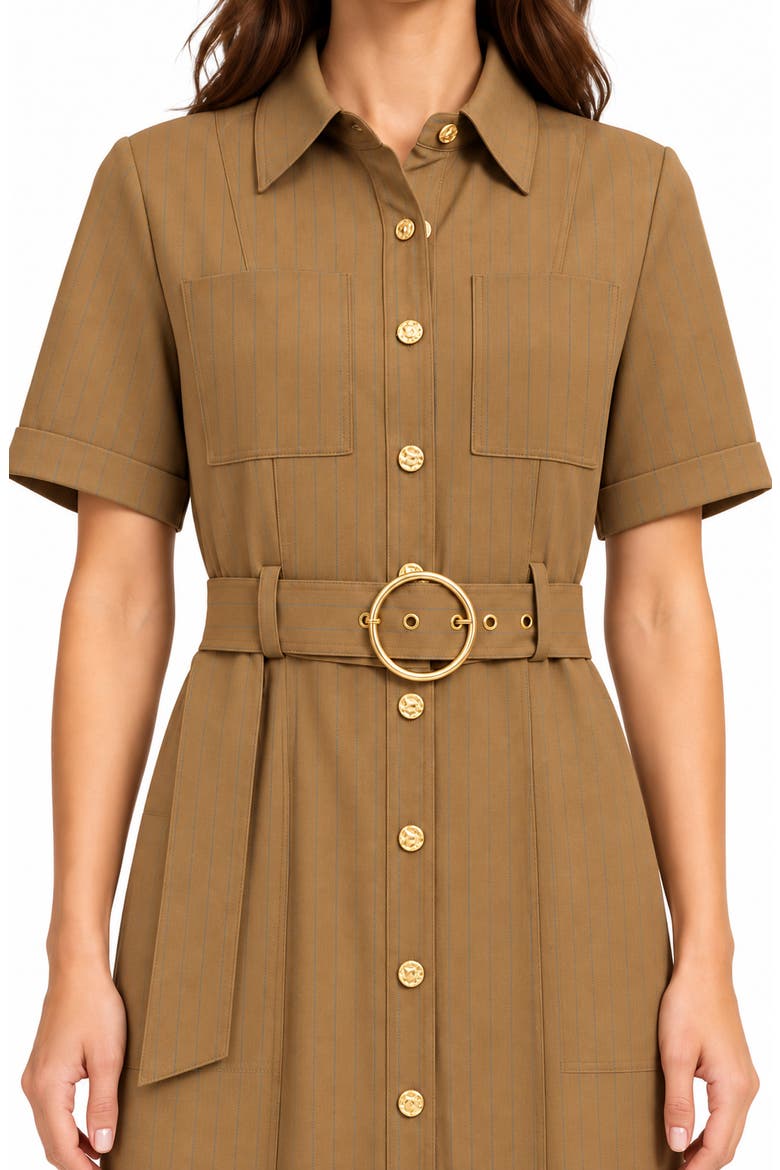 Pinstripe Pintuck Shirtdress, Alternate, color, KHAKI / COBALT