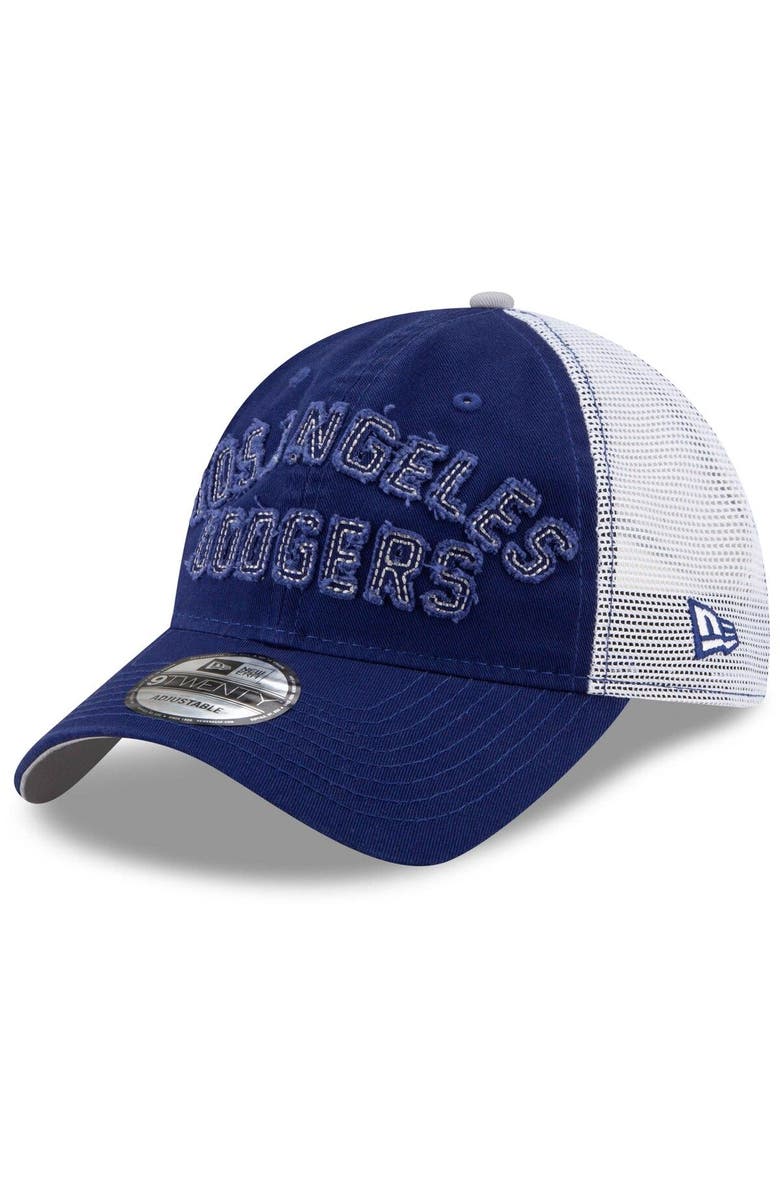 New Era Men's New Era Royal Los Angeles Dodgers Frayed Wordmark Trucker 9TWENTY Adjustable Hat, Main, color, 