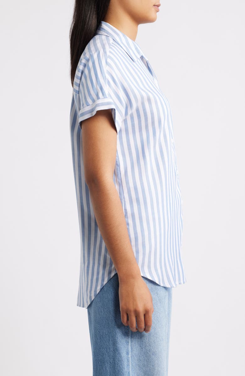 beachlunchlounge Kenzie Stripe Short Sleeve Button-Up Shirt, Alternate, color, Slate Blue
