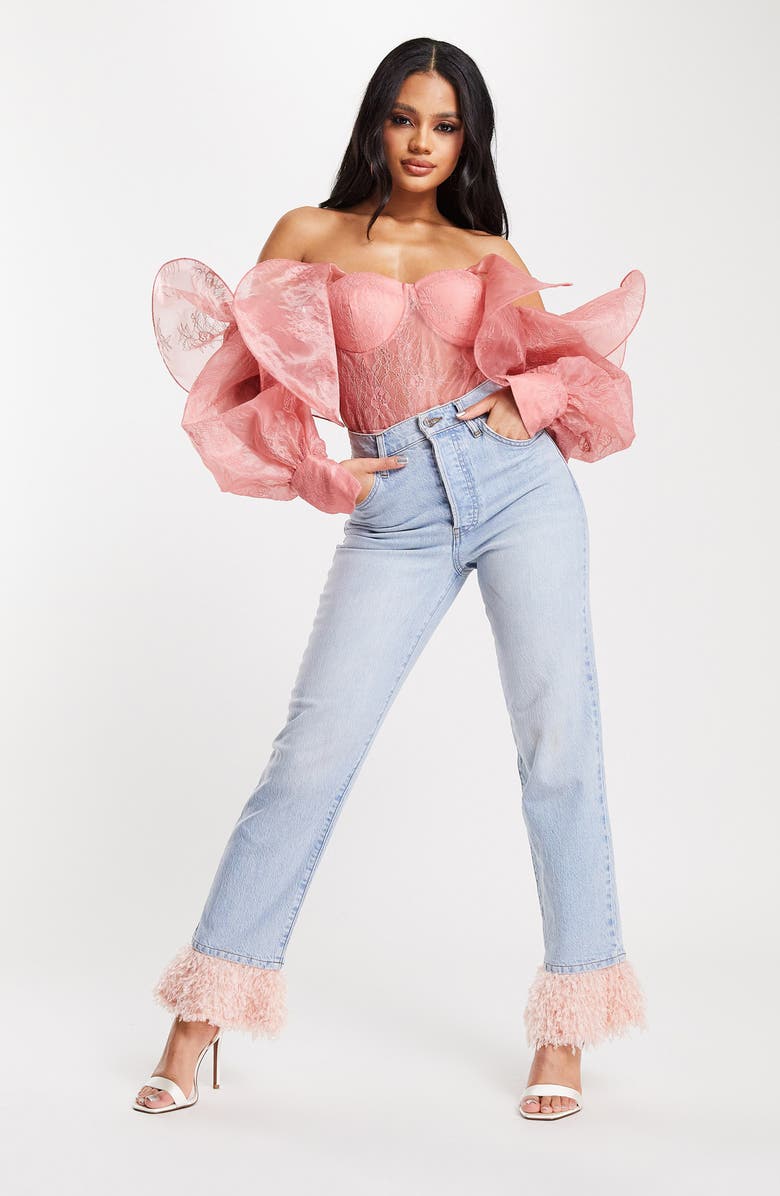 ASOS DESIGN Faux Feather Hem Straight Leg Jeans, Alternate, color, 