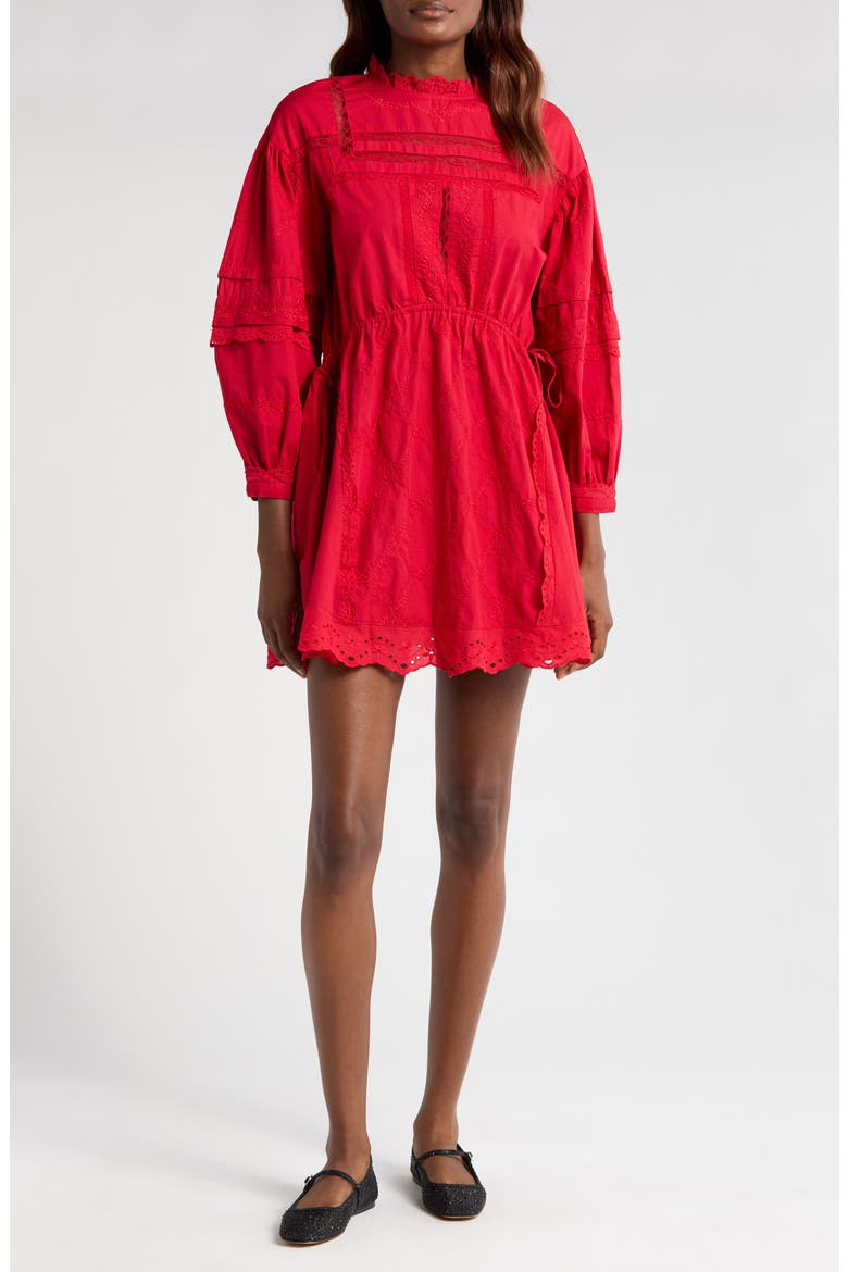Clancy Lace & Eyelet Long Sleeve Organic Cotton Minidress, Main, color, RED