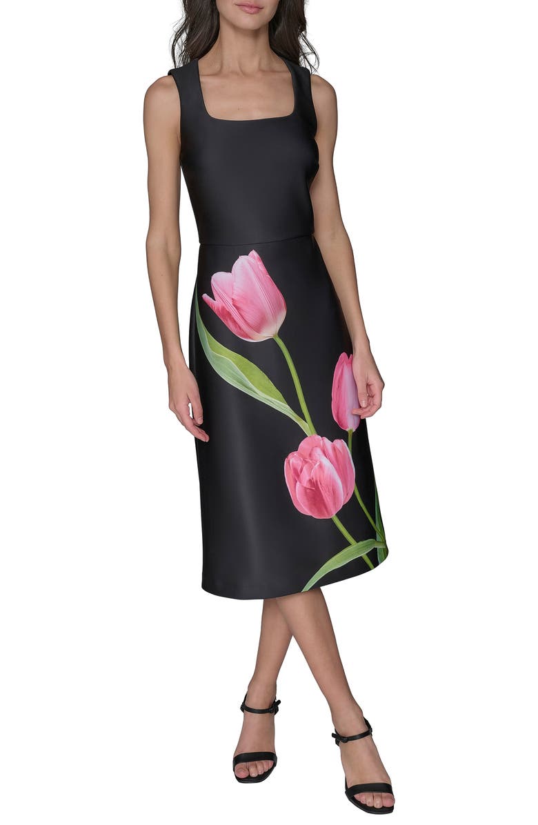 KARL LAGERFELD Flower Print Midi Dress, Alternate, color, Black Pink Sherbet Combo