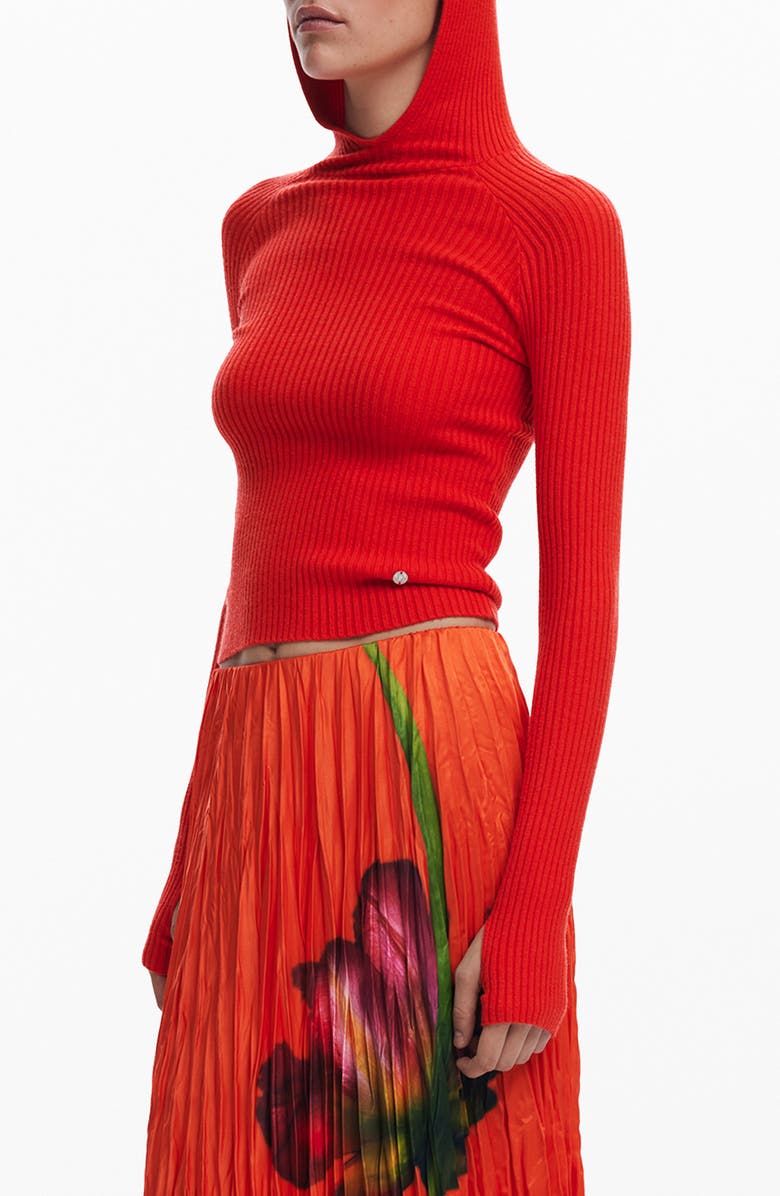Desigual Rib Hoodie Sweater, Alternate, color, Orange Red