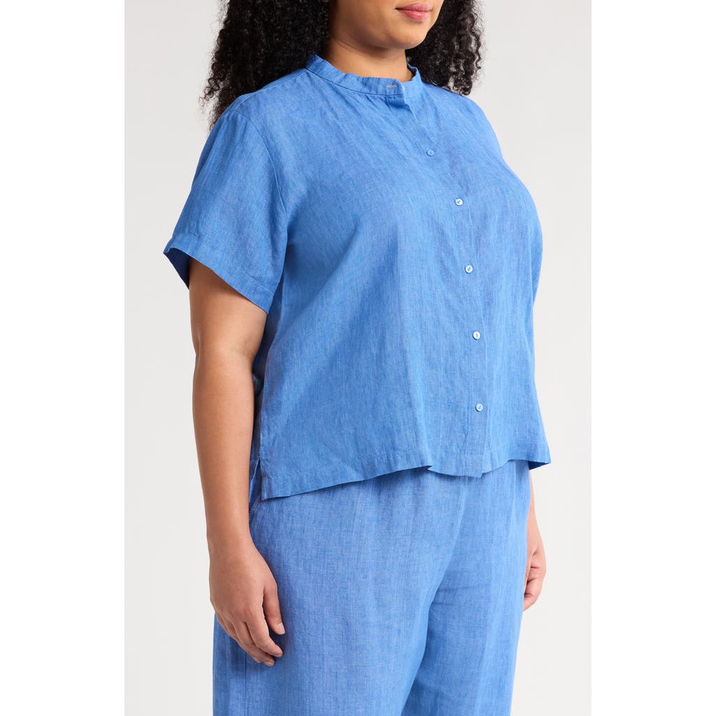 Eileen Fisher Organic Linen Button-up Shirt In Blue