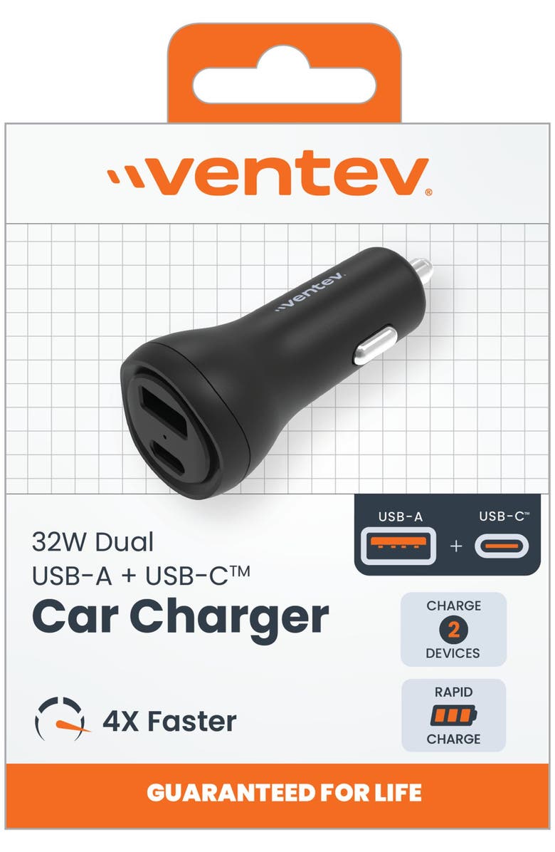 Ventev 32W ULTRAFAST USB-C and USB-A Universal Dual Car Charger, Alternate, color, Black