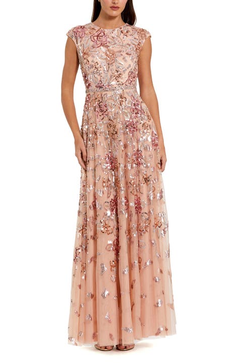 Sequined High Neck Cap Sleeve A Line Gown