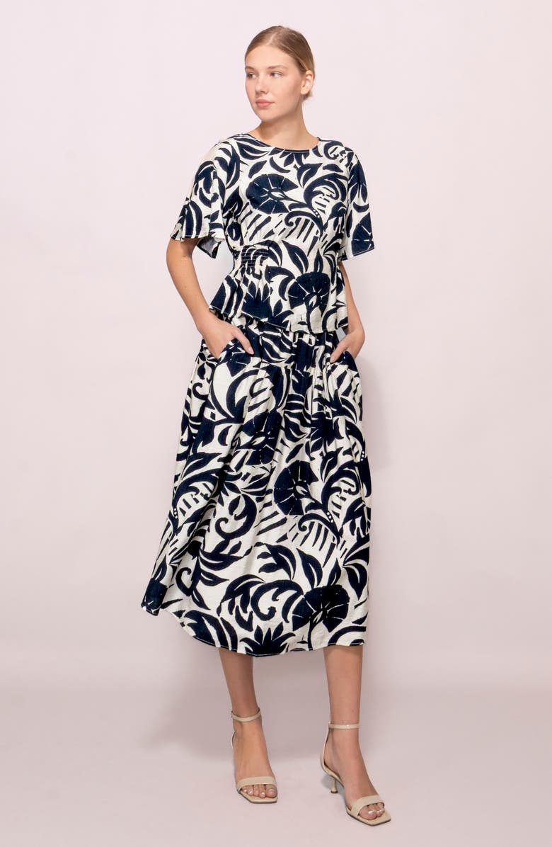 MELLODAY Smocked Waist Short Sleeve Top, Alternate, color, Navy/ White