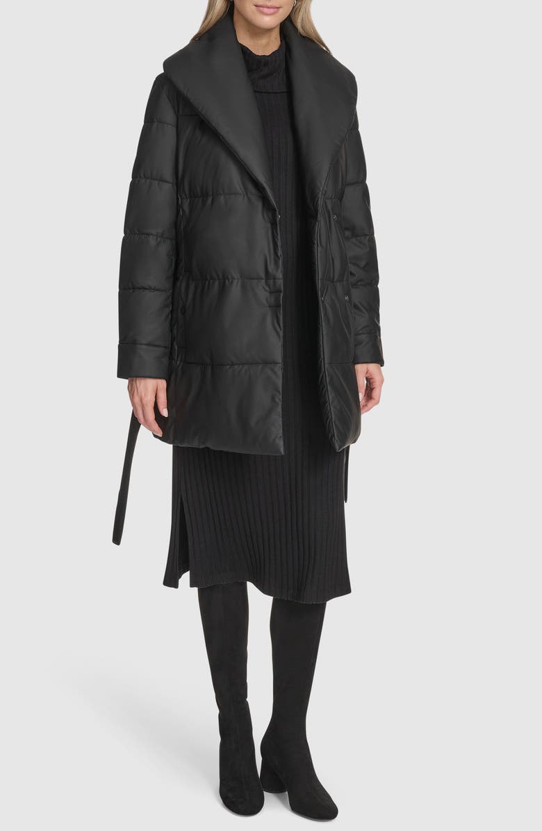 Andrew Marc Adela Faux Leather Shawl Collar Quilted Wrap Coat, Alternate, color, Black