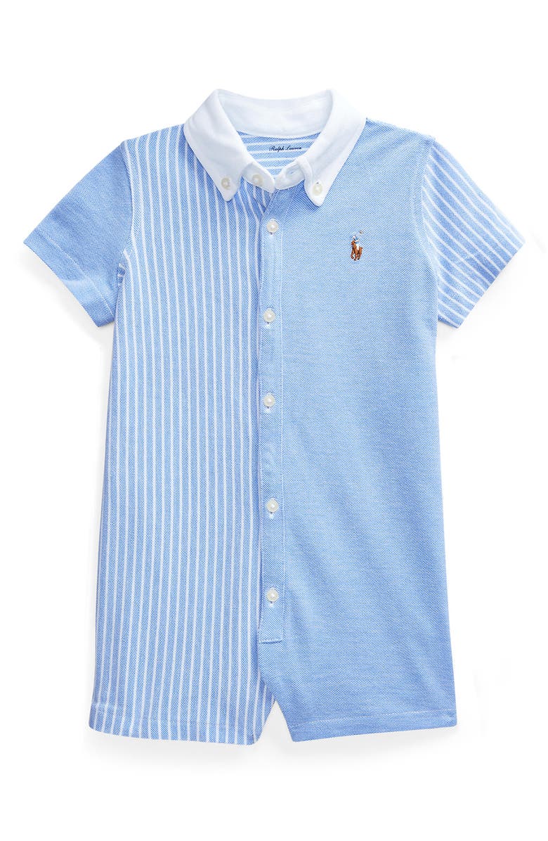 Ralph Lauren Colorblock Cotton Piqué Romper, Main, color, Harbor Island Blue White