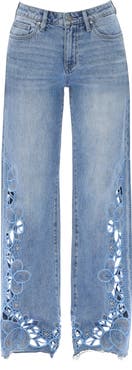 Bayeas Floral Embroidered Raw Hem Wide Leg Jeans