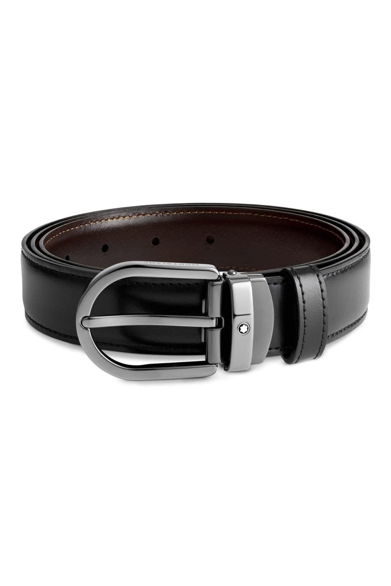 Horseshoe Buckle Reversible Leather Belt, Alternate, color, BLACK