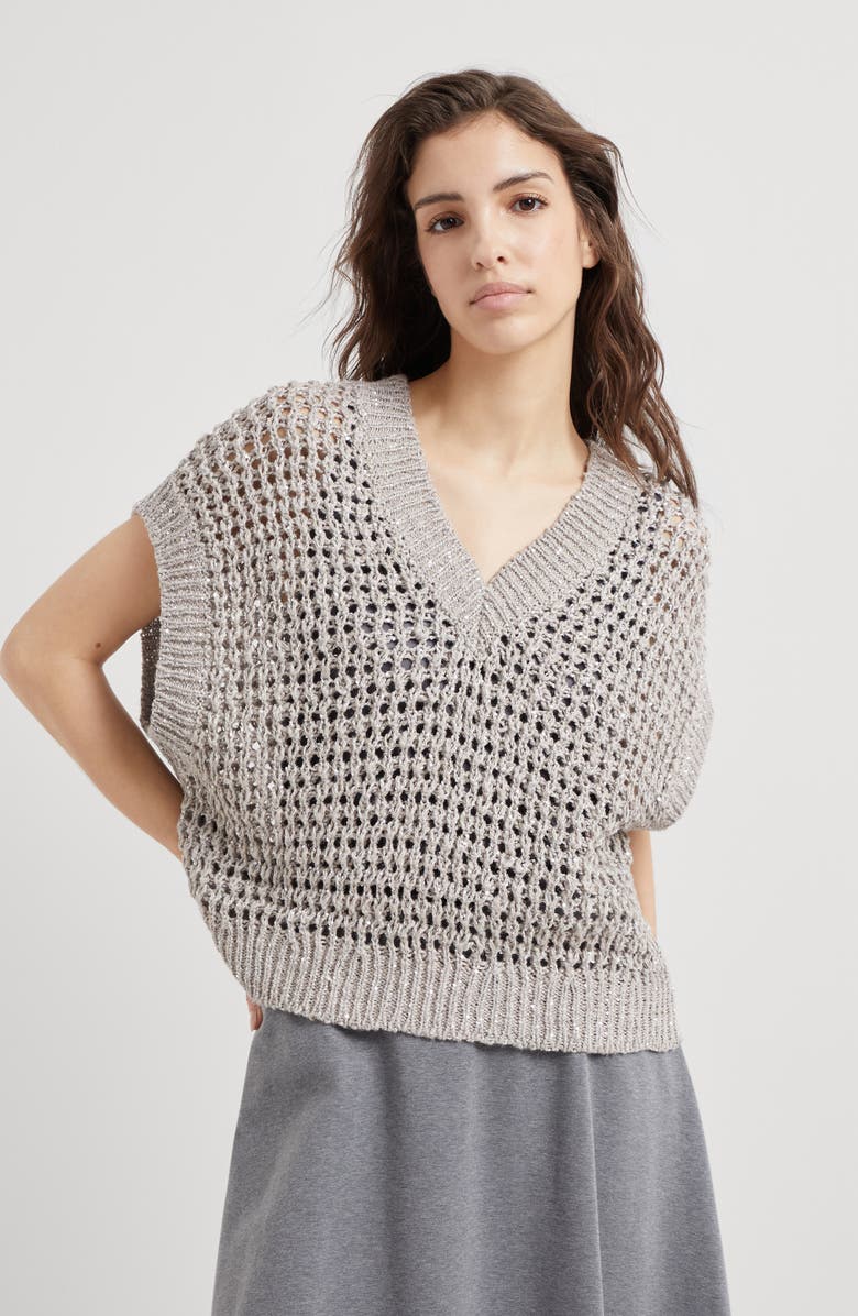 Brunello Cucinelli Silk and linen rustic dazzling net sweater, Alternate, color, 