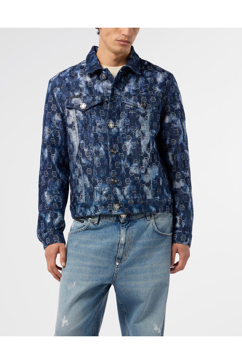 Denim Trucker Jacket Jacquard Monogram Men, Main, color, navy