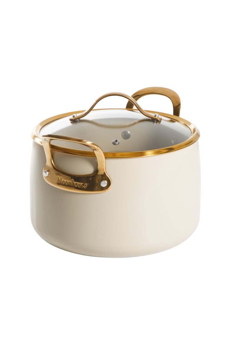 8 Quart Stock Pot with Lid, PFAS-Free Ceramic Nonstick Dutch Oven, Heavy Duty Aluminum, Alternate, color, Linen White with Gold Handle