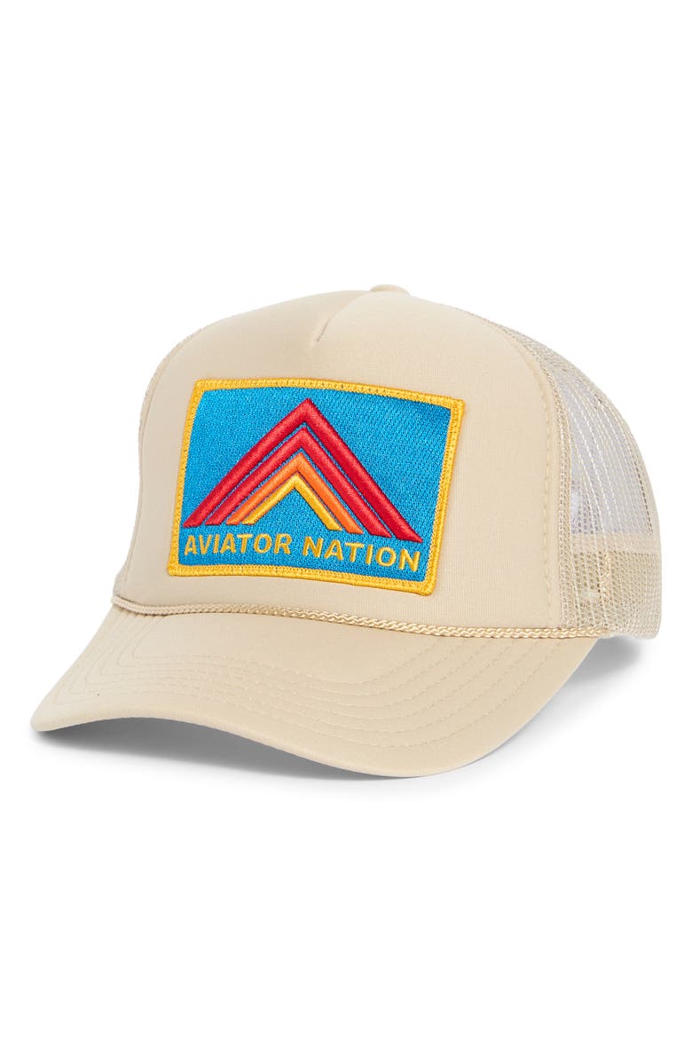Aviator Nation Mountain Stripe Logo Embroidered Snapback Trucker Hat, Main, color, Khaki