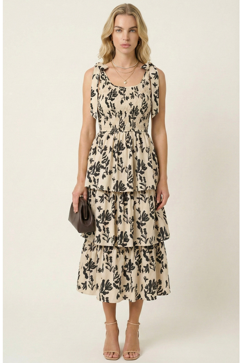 Smocked Tiered Midi Dress with Bow-Tie Straps, Main, color, Ivory / Black Floral