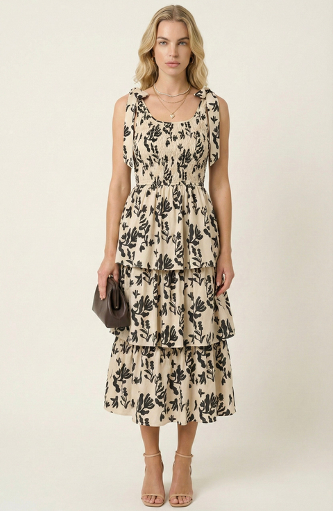 Smocked Tiered Midi Dress with Bow-Tie Straps