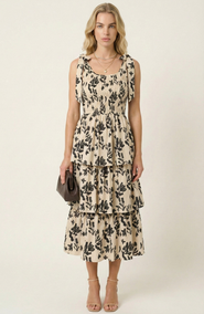 Modenaire Smocked Tiered Midi Dress with Bow-Tie Straps