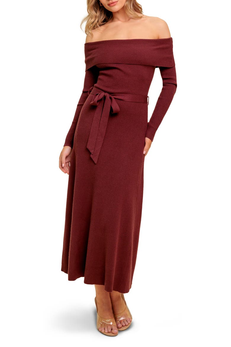 Off the Shoulder Long Sleeve Sweater Dress, Main, color, BROWN