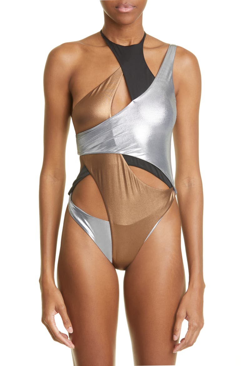 Metallic Cutout One-Piece Swimsuit, Main, color, ALLUMINIUM PLUMB
