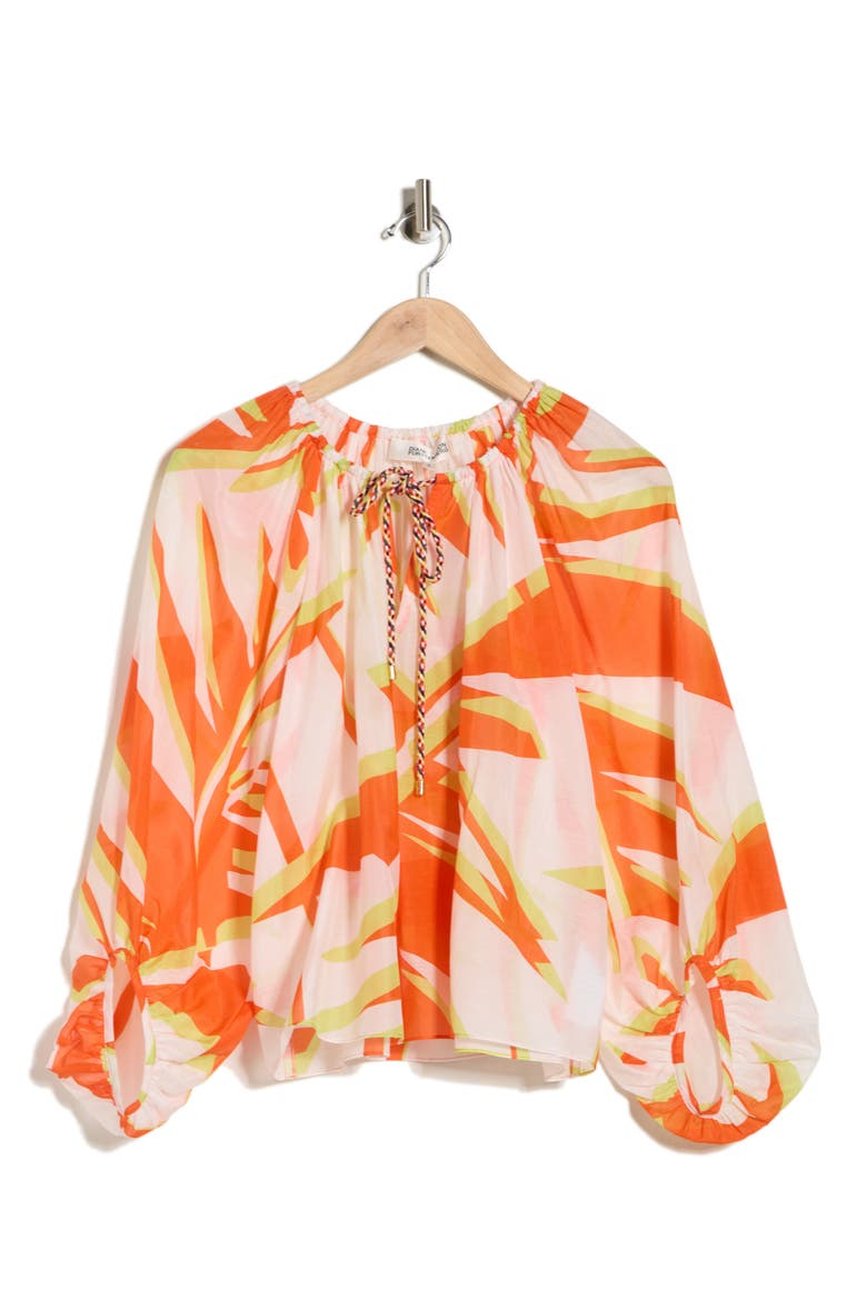 Celia Balloon Sleeve Cotton & Silk Top, Main, color, PALM GEO ORANGE GIANT