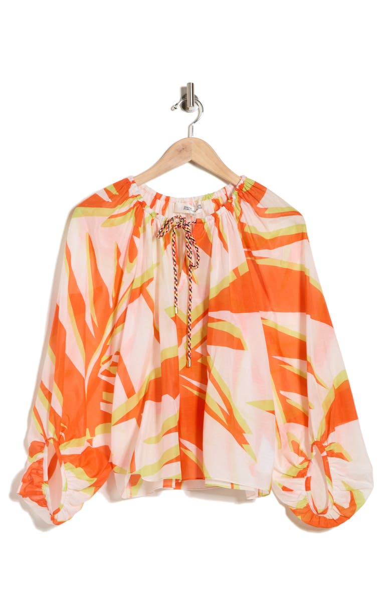 DVF Celia Balloon Sleeve Cotton & Silk Top, Main, color, Palm Geo Orange Giant