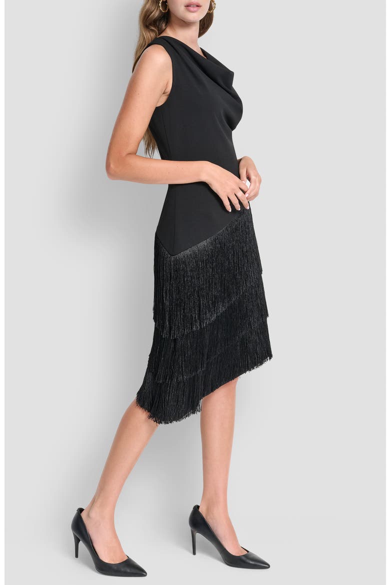 Cowl Neck Asymmetric Fringe Dress, Alternate, color, BLACK