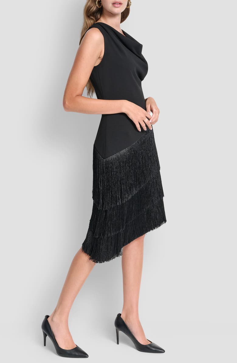 DKNY Cowl Neck Asymmetric Fringe Dress, Alternate, color, Black