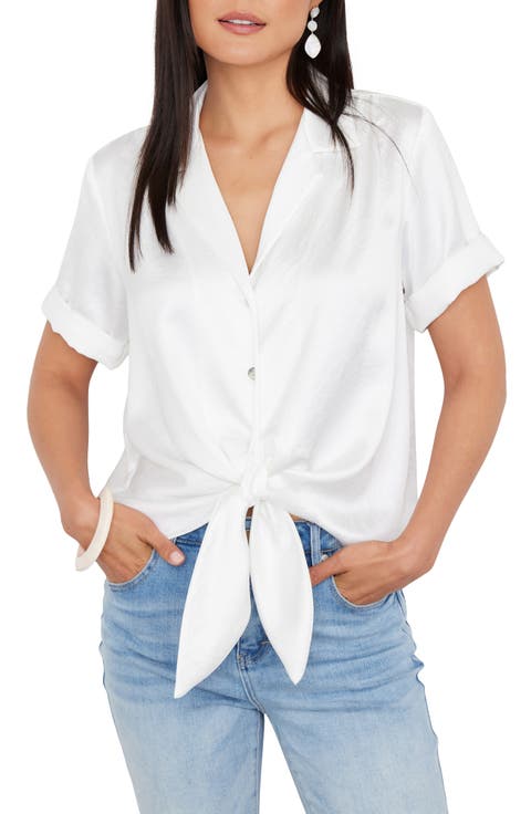 Roll Cuff Tie Front Satin Blouse