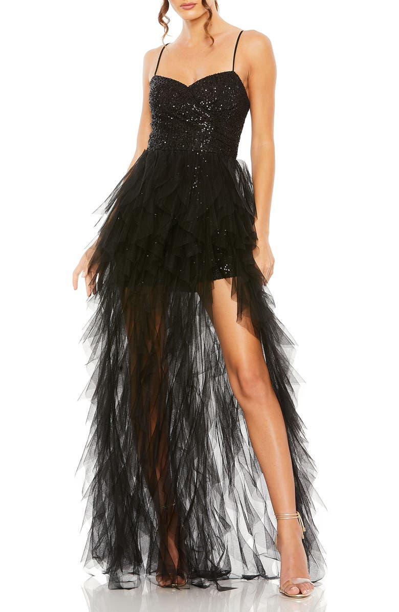 Mac Duggal Ruffle High Low Tiered Train Sequin Mini Dress, Main, color, Black