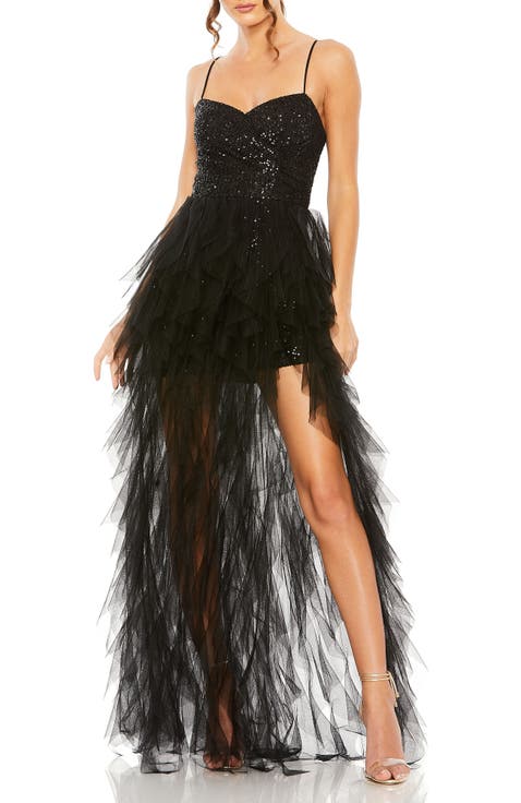 Ruffle High Low Tiered Train Sequin Mini Dress