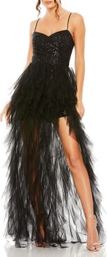 Mac Duggal Ruffle High Low Tiered Train Sequin Mini Dress