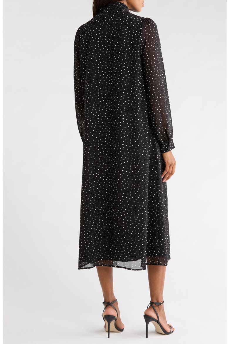 Dot Print Tie Neck Long Sleeve Midi Dress, Alternate, color, BLACK AND CREAM