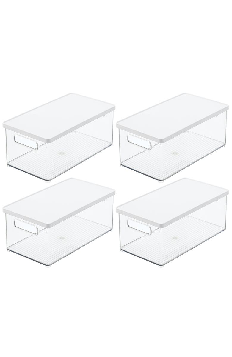 mDesign Plastic Storage Bin Box Container, Lid and Handles, 4 Pack, Clear/White, Main, color, White