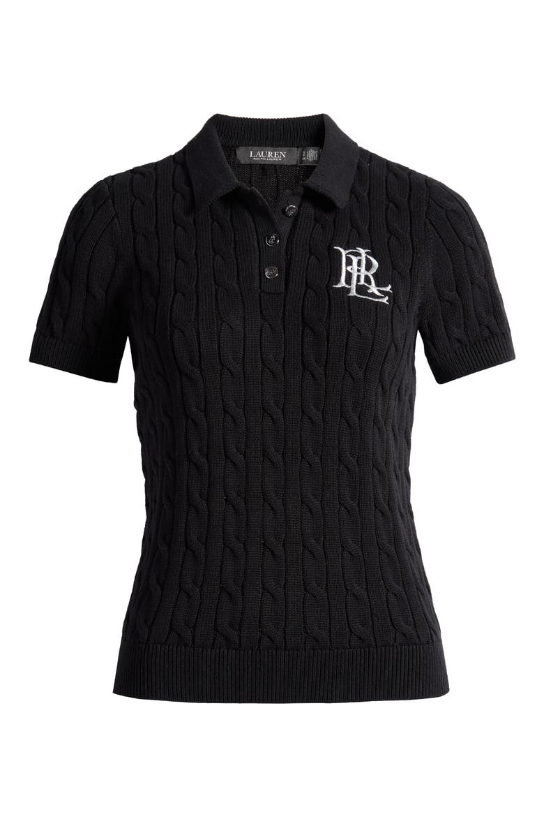 Cable Knit Cotton Polo Sweater, Alternate, color, BLACK