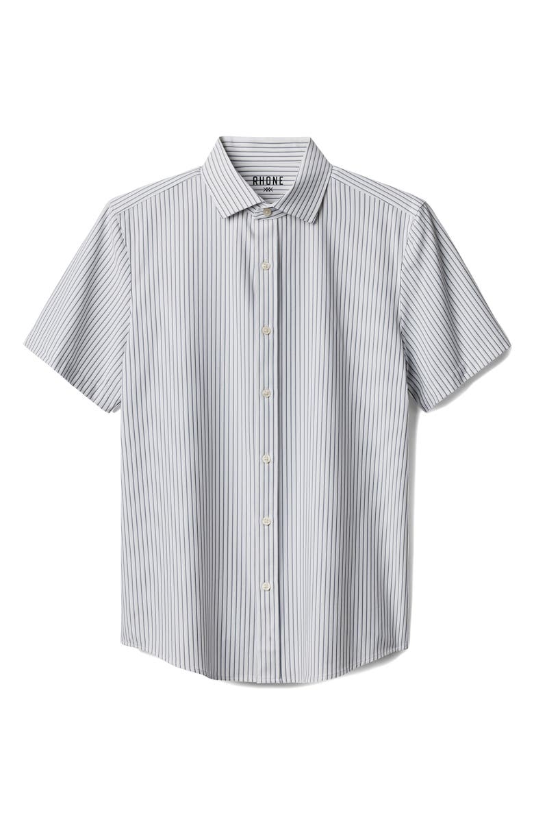 Rhone State of Mind Stripe Performance Short Sleeve Button-Up Shirt, Alternate, color, White/ Navy Pick Stitch Stripe