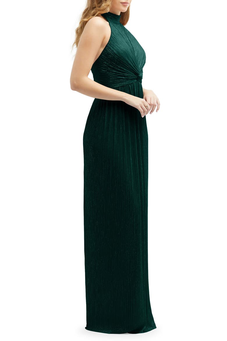 Metallic Pleated Halter Column Gown, Alternate, color, EVERGREEN METALLIC