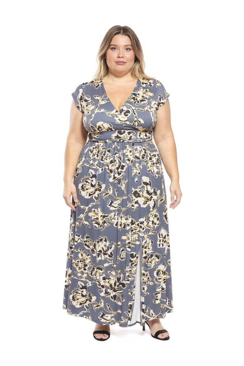 Plus Size Floral V-Neck Cap Sleeve Side Slit Pocket Maxi Dress, Main, color, Grey Multi
