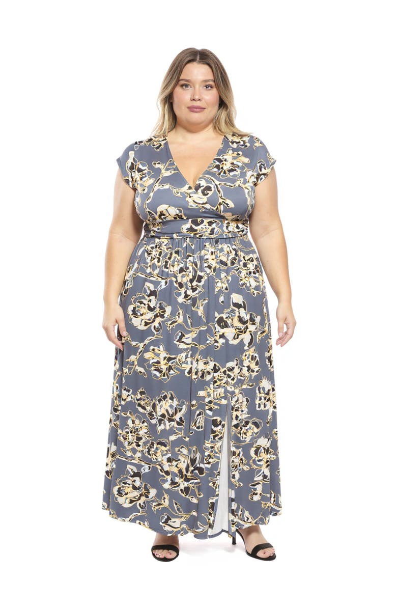 24seven Comfort Apparel Plus Size Floral V-Neck Cap Sleeve Side Slit Pocket Maxi Dress, Main, color, Grey Multi