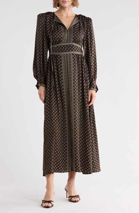 Tie Neck Long Sleeve Maxi Dress