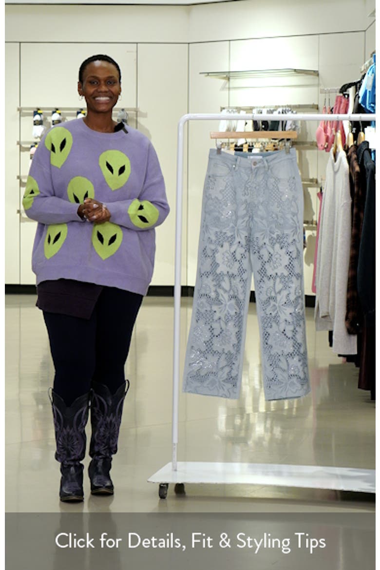 Crystal Embroidered Raw Hem High Waist Relaxed Straight Leg Jeans video